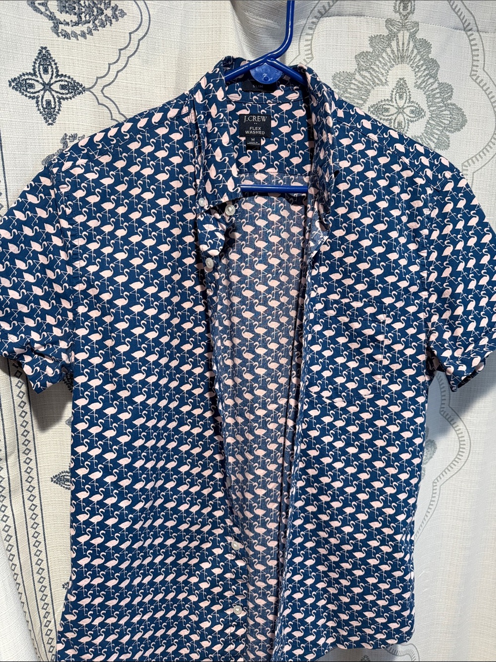 J. Crew Navy Short-Sleeve Button-Down with Pink Flamingo Print